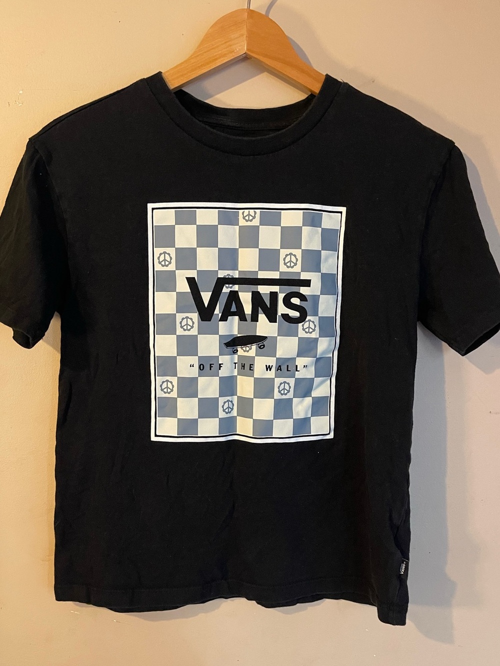 Vans Off The Wall Black Checkerboard Peace Sign Skateboard Graphic Tee S